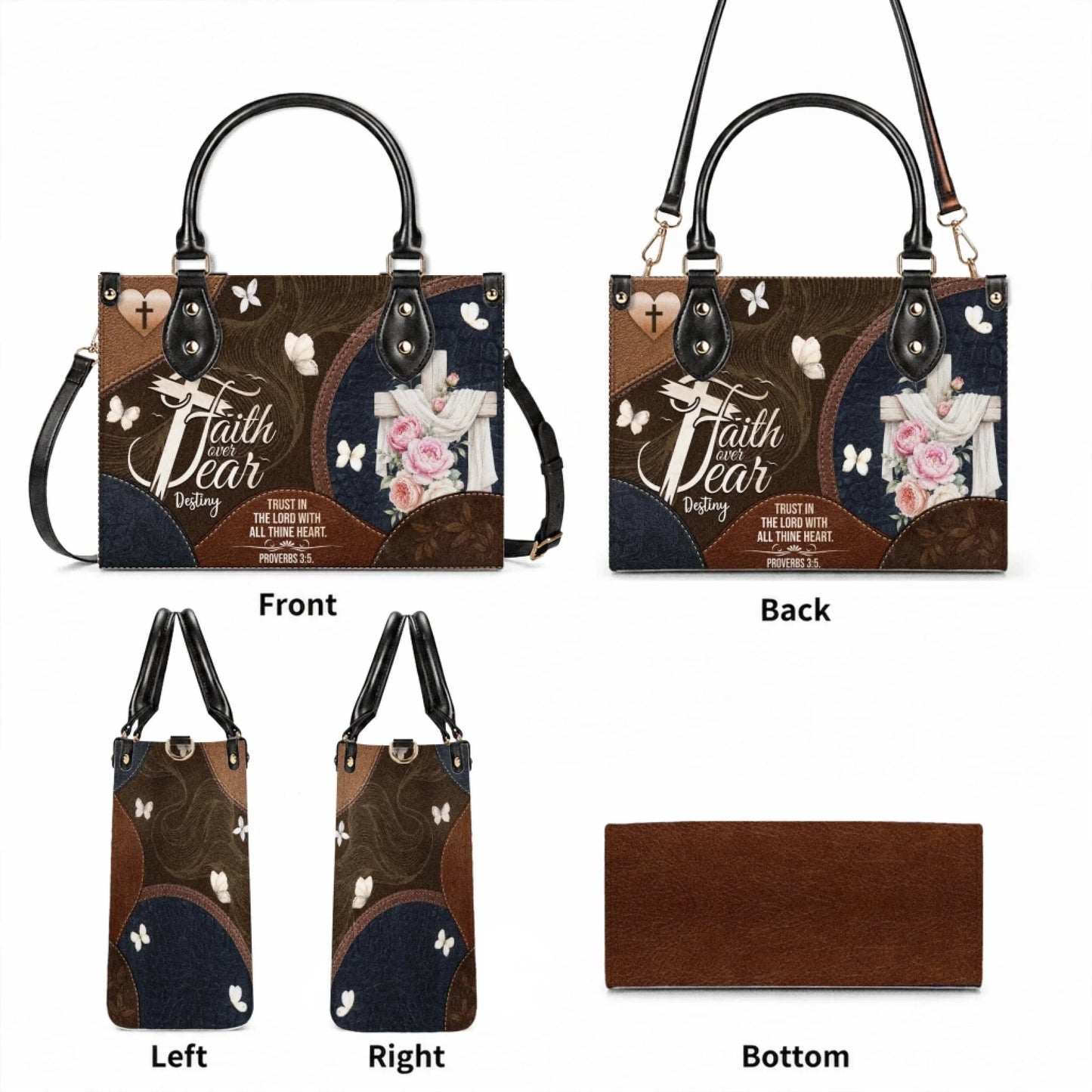 Front back and side views of a religious crossbody handbag with a floral cross design and faith over fear quote.