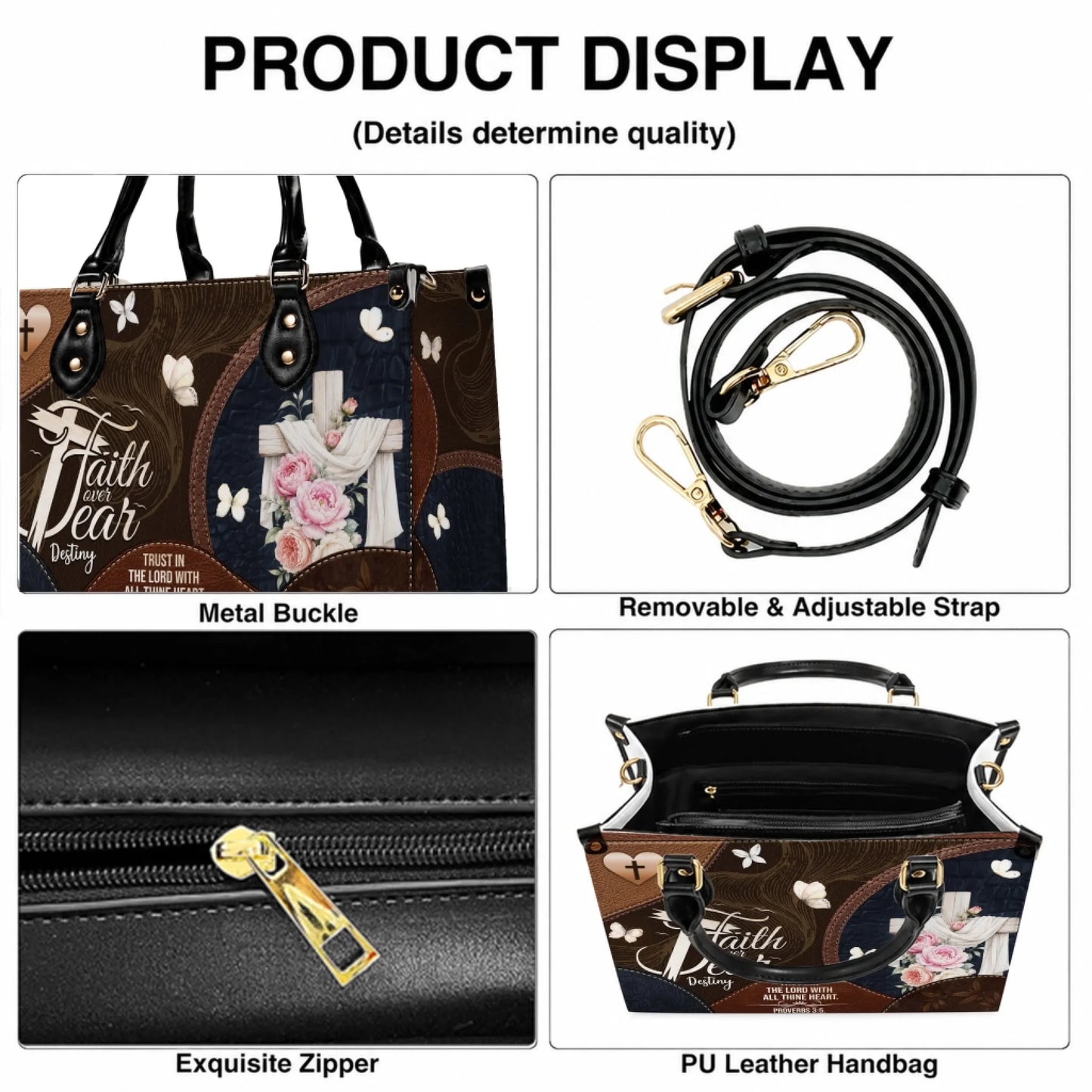 Product detail view of a pu leather handbag featuring a cross design zipper strap and metal buckles for religious gifts.