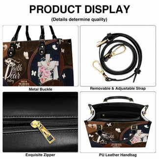 Product detail view of a pu leather handbag featuring a cross design zipper strap and metal buckles for religious gifts.