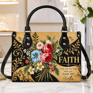 Christian themed personalized handbag with floral bouquet and bible verse Isaiah 41 10, stylish faith gift for her.