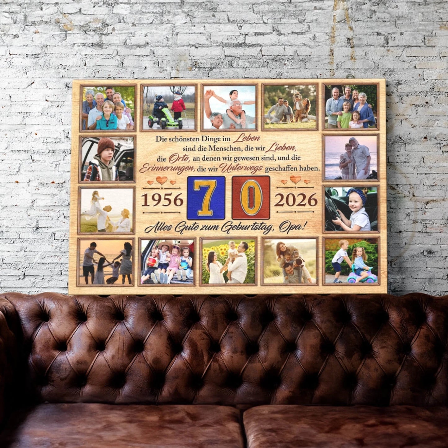 Große Familien-Fotocollage als Leinwand zum 70. Geburtstag für Opa mit zwölf eigenen Fotos, Jahreszahlen und persönlicher Gravur.