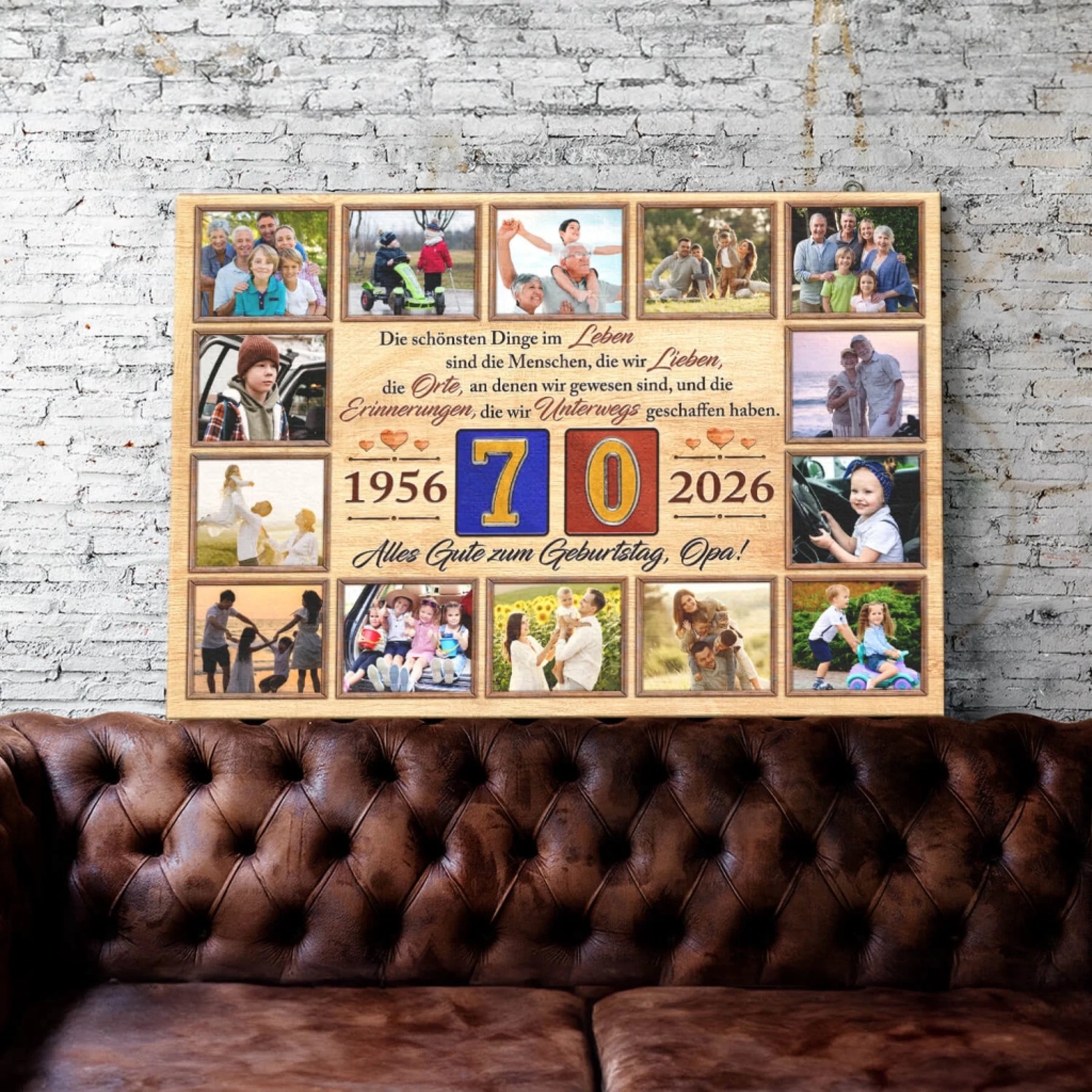 Große Familien-Fotocollage als Leinwand zum 70. Geburtstag für Opa mit zwölf eigenen Fotos, Jahreszahlen und persönlicher Gravur.