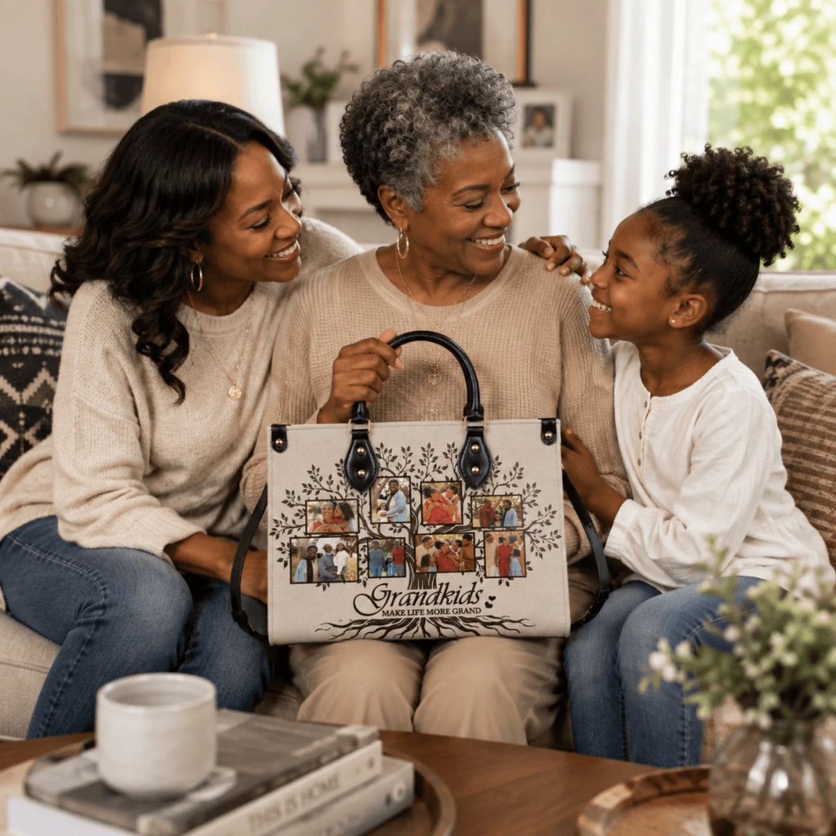 Three generations of family sitting on a couch holding a custom photo family tree handbag, perfect for grandmothers.