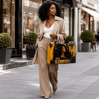Fashionable woman walking in a city street wearing a beige outfit while carrying a custom Feeling Blacknificent bag.