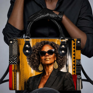 A fashionable black handbag showcasing a vibrant graphic portrait of a chic woman with curly hair and gold earrings.