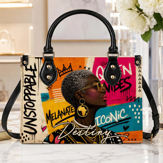 Artistic fashion handbag displaying a portrait of a woman with short hair and modern urban graffiti graphics.