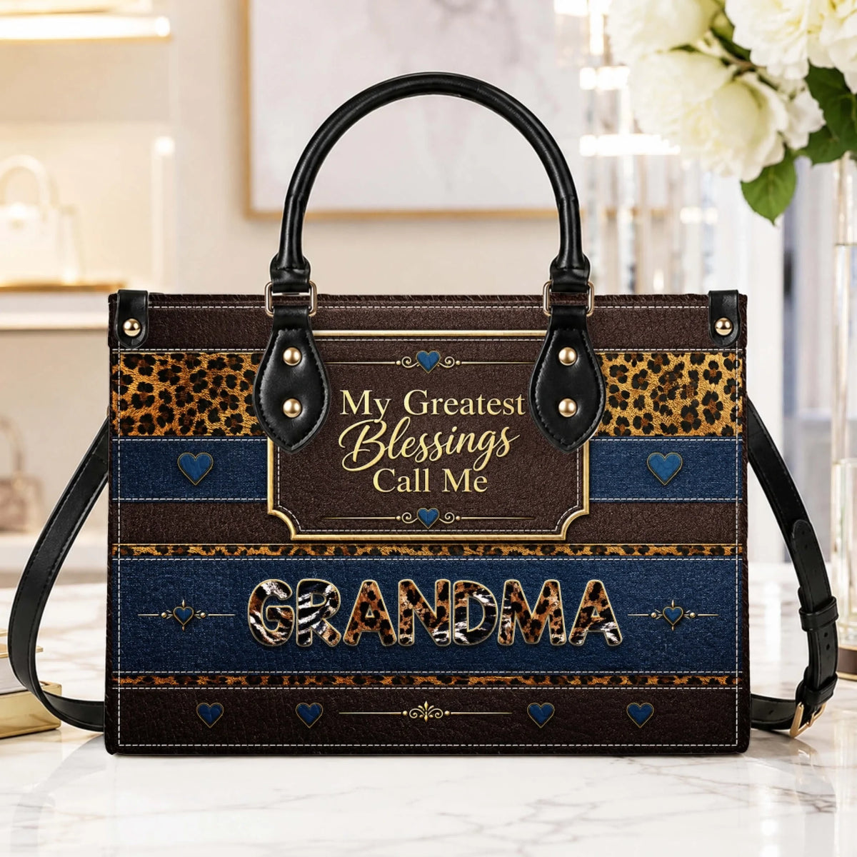 Decorative leopard print tote bag with blue stripes and hearts, perfect as a thoughtful gift for grandmothers.
