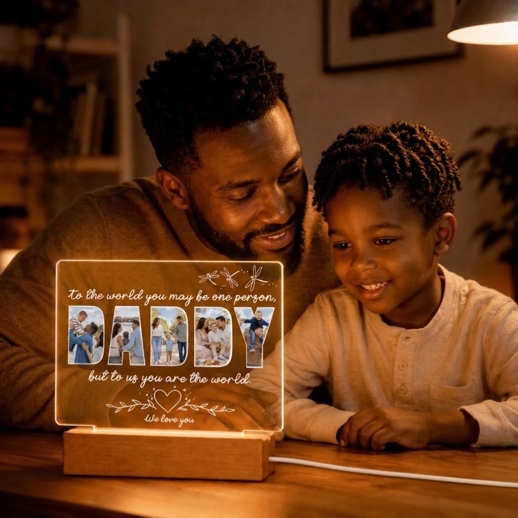 A father and young son smiling while watching a custom Daddy photo plaque with LED lighting, a sentimental dad gift.