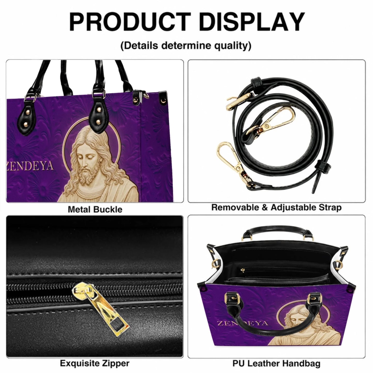 Close up details of a religious handbag including metal buckle zipper and adjustable shoulder strap components.