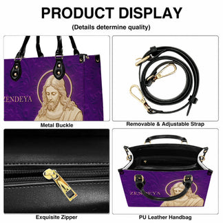 Close up details of a religious handbag including metal buckle zipper and adjustable shoulder strap components.
