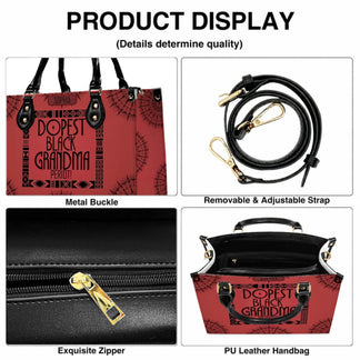 Detailed product features of the custom grandma handbag including metal buckles and adjustable leather straps.