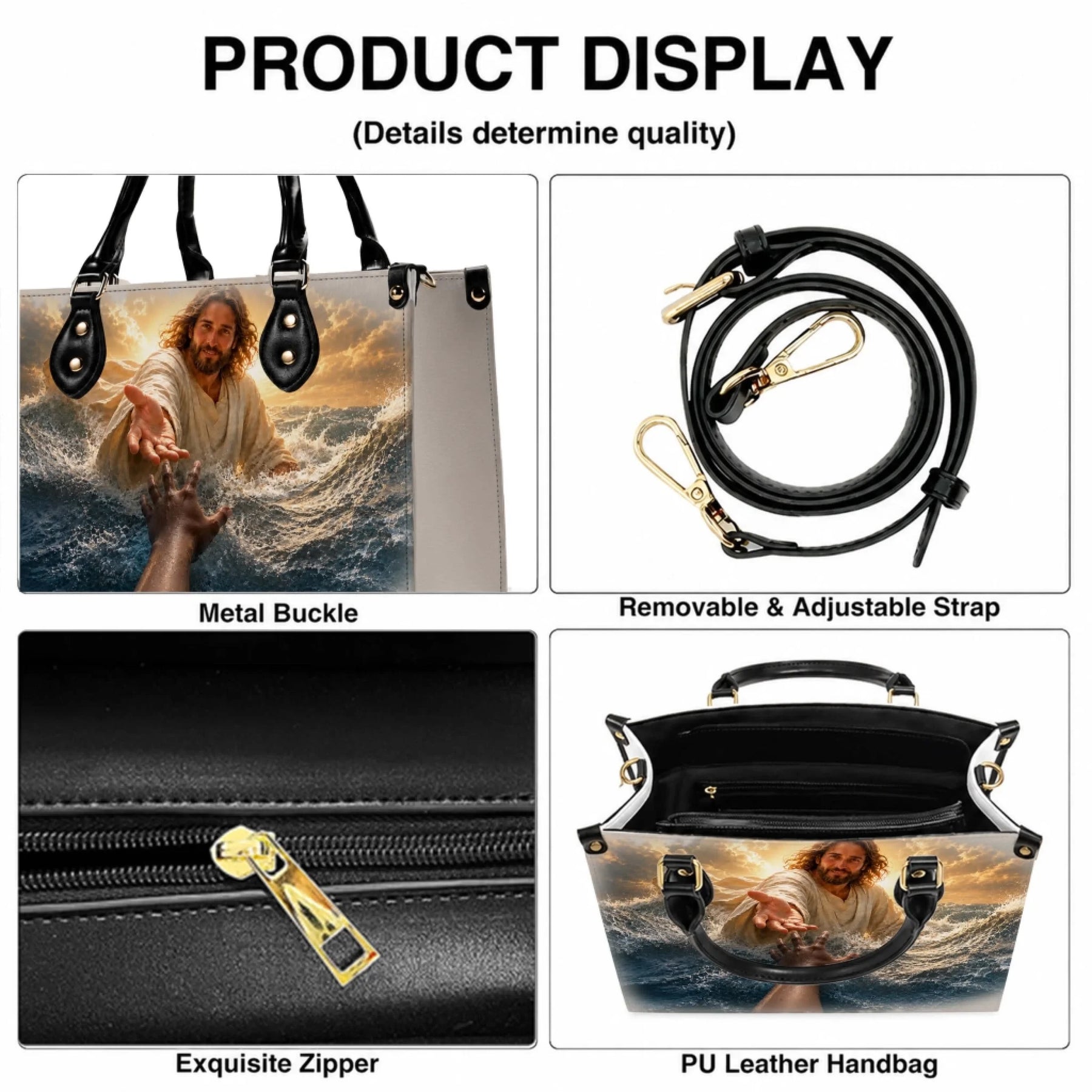 Product display showing the metal hardware, adjustable strap, durable zipper, and design of a custom faith handbag.