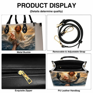 Product display showing the metal hardware, adjustable strap, durable zipper, and design of a custom faith handbag.