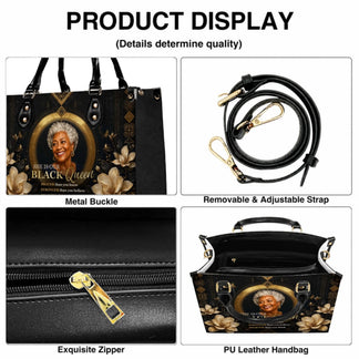 Close up details of a Black queen leather handbag including the metal buckle, zipper, and adjustable shoulder strap.