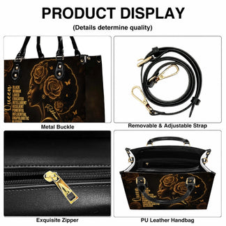 Product display showing details of a custom Black Queen handbag including metal buckles, adjustable strap, and zipper.