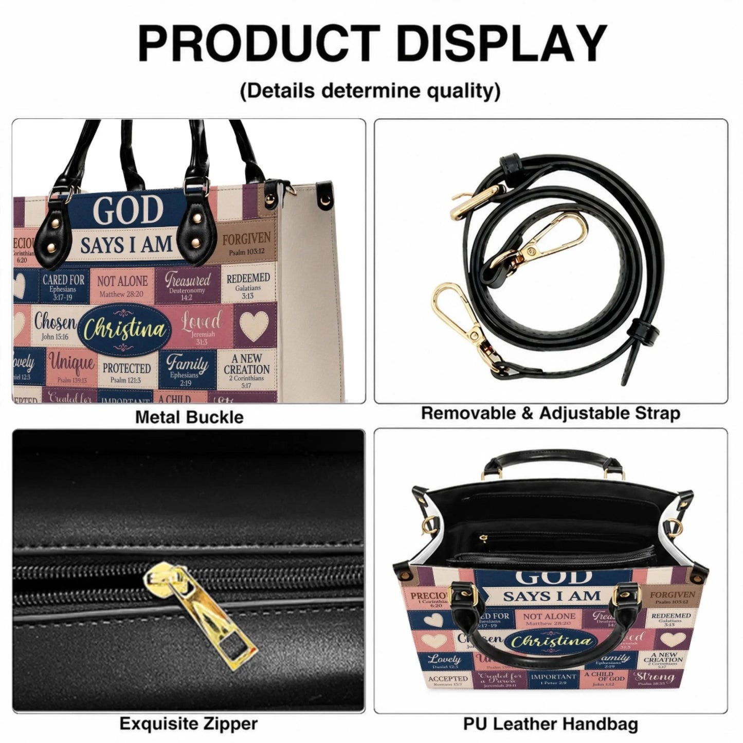 Product display showing the metal buckle, adjustable strap, zipper, and construction of the custom faith handbag.