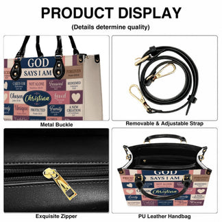 Product display showing the metal buckle, adjustable strap, zipper, and construction of the custom faith handbag.