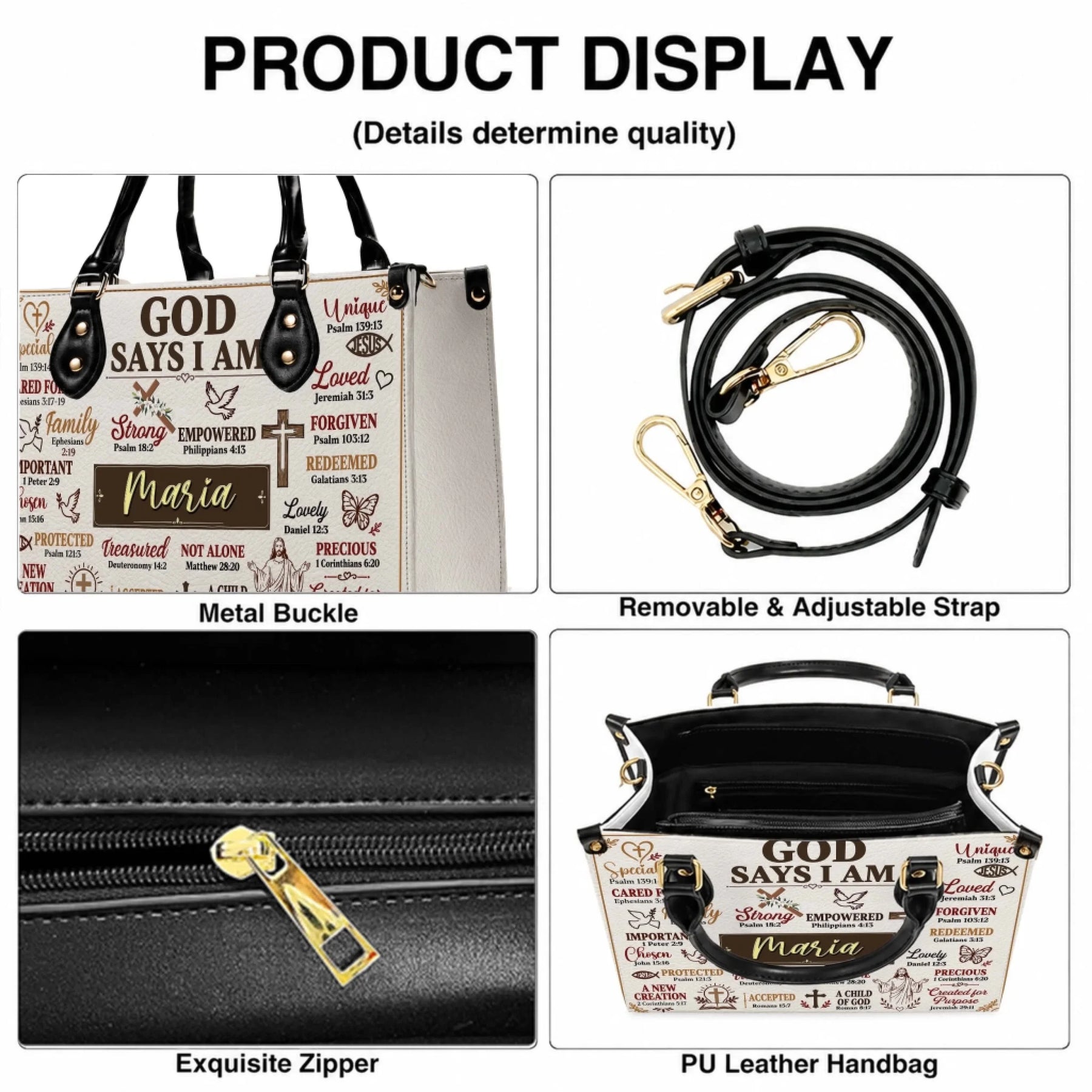 Product display showing features of a personalized faith-inspired handbag including strap and metal hardware.