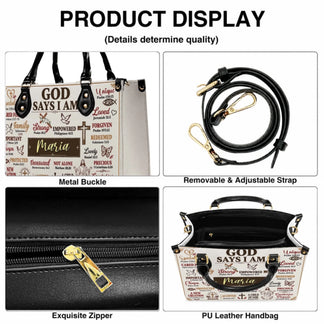 Product display showing features of a personalized faith-inspired handbag including strap and metal hardware.
