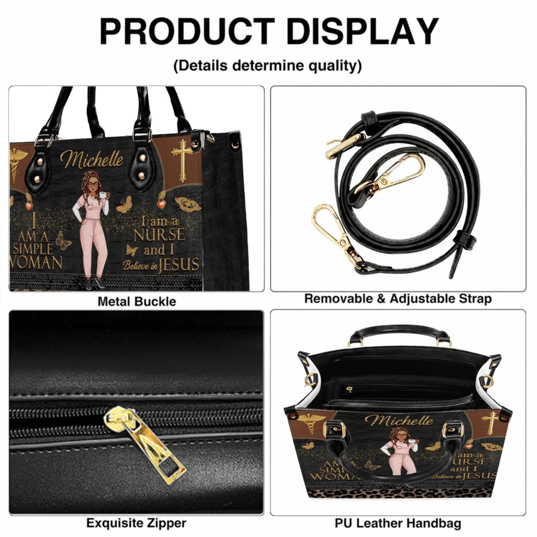 Product details of the custom nurse handbag, showcasing a durable adjustable strap, quality gold zipper, and reinforced metal buckles.