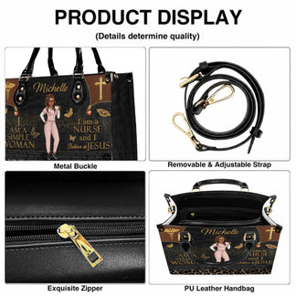 Product details of the custom nurse handbag, showcasing a durable adjustable strap, quality gold zipper, and reinforced metal buckles.