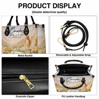 Close up product details showing the metal hardware sturdy zipper adjustable strap and interior space of a custom religious angel handbag