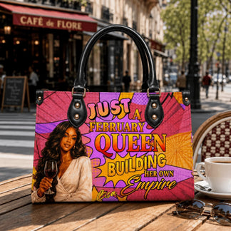 A personalized handbag featuring the text February Queen and a custom name, perfect as a birthday gift for her.
