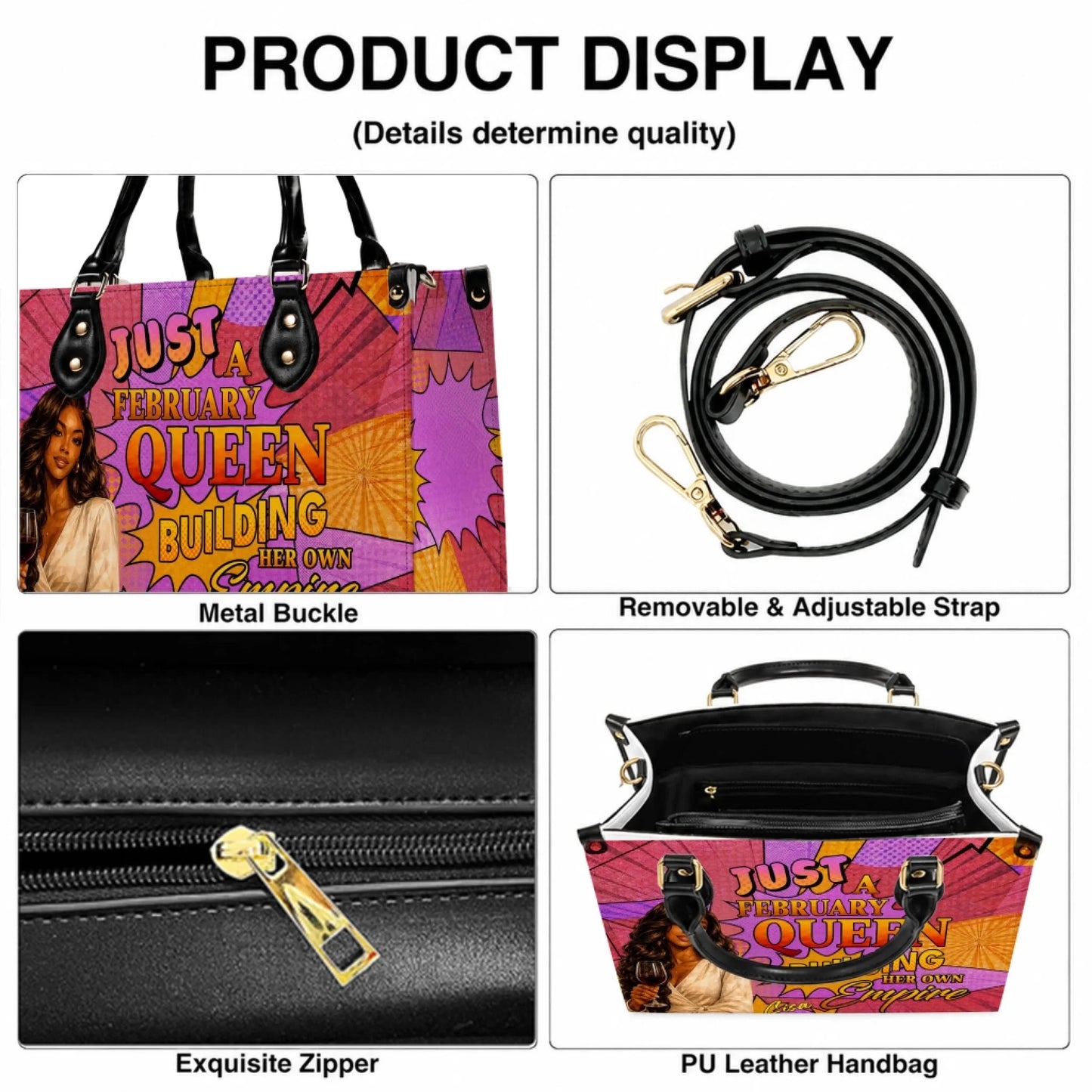 Details of the february queen fashion handbag showing the metal buckle, adjustable strap, secure zipper, and structure.