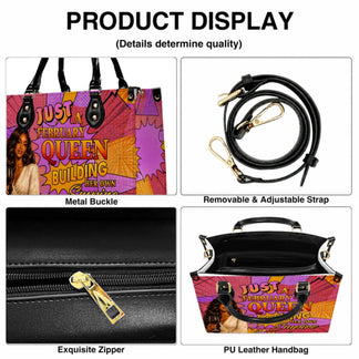 Details of the february queen fashion handbag showing the metal buckle, adjustable strap, secure zipper, and structure.