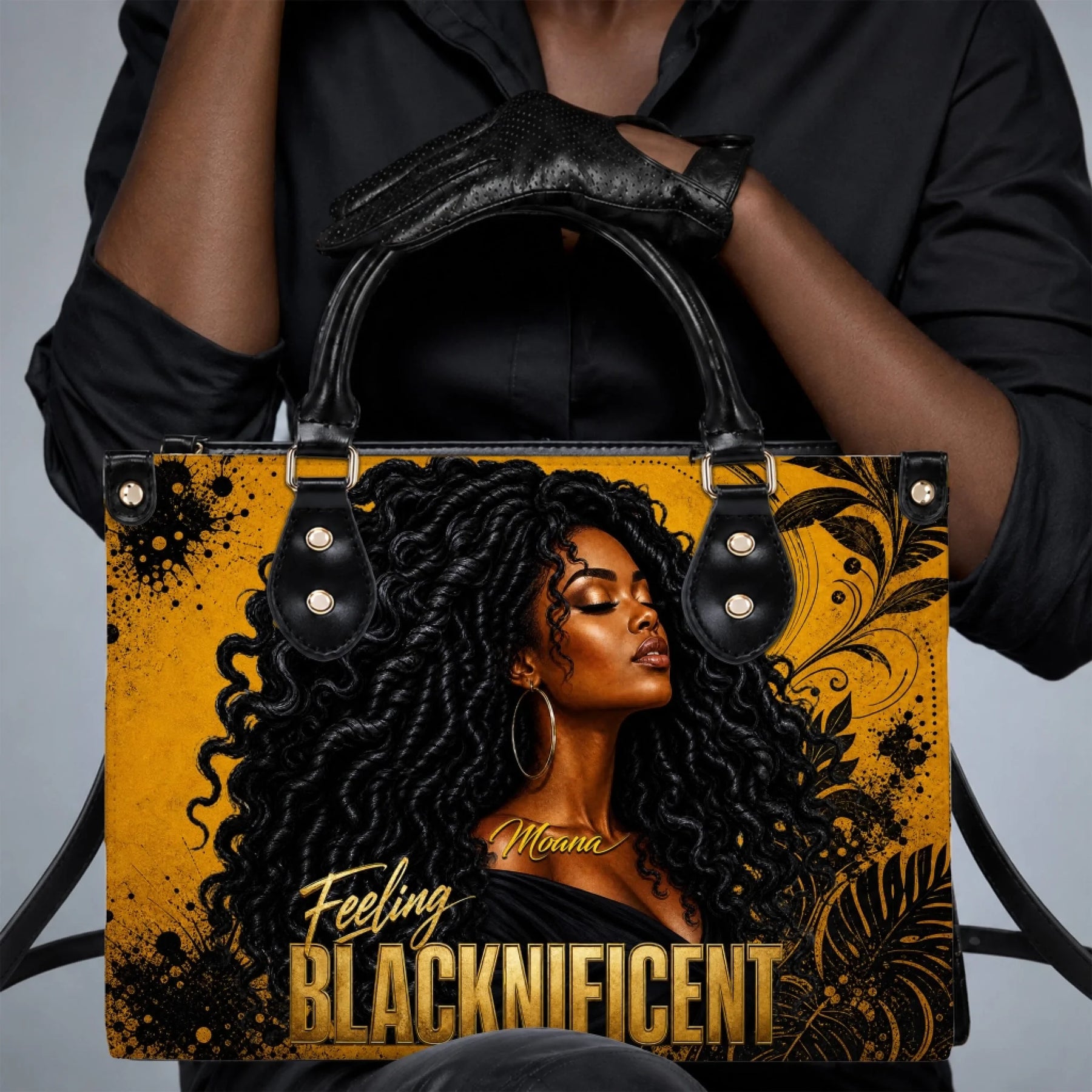 Custom PU leather handbag featuring a beautiful Black woman illustration and the quote Feeling Blacknificent for her.