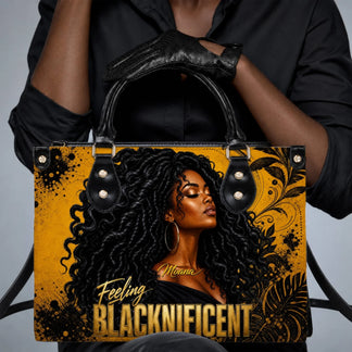 Custom PU leather handbag featuring a beautiful Black woman illustration and the quote Feeling Blacknificent for her.