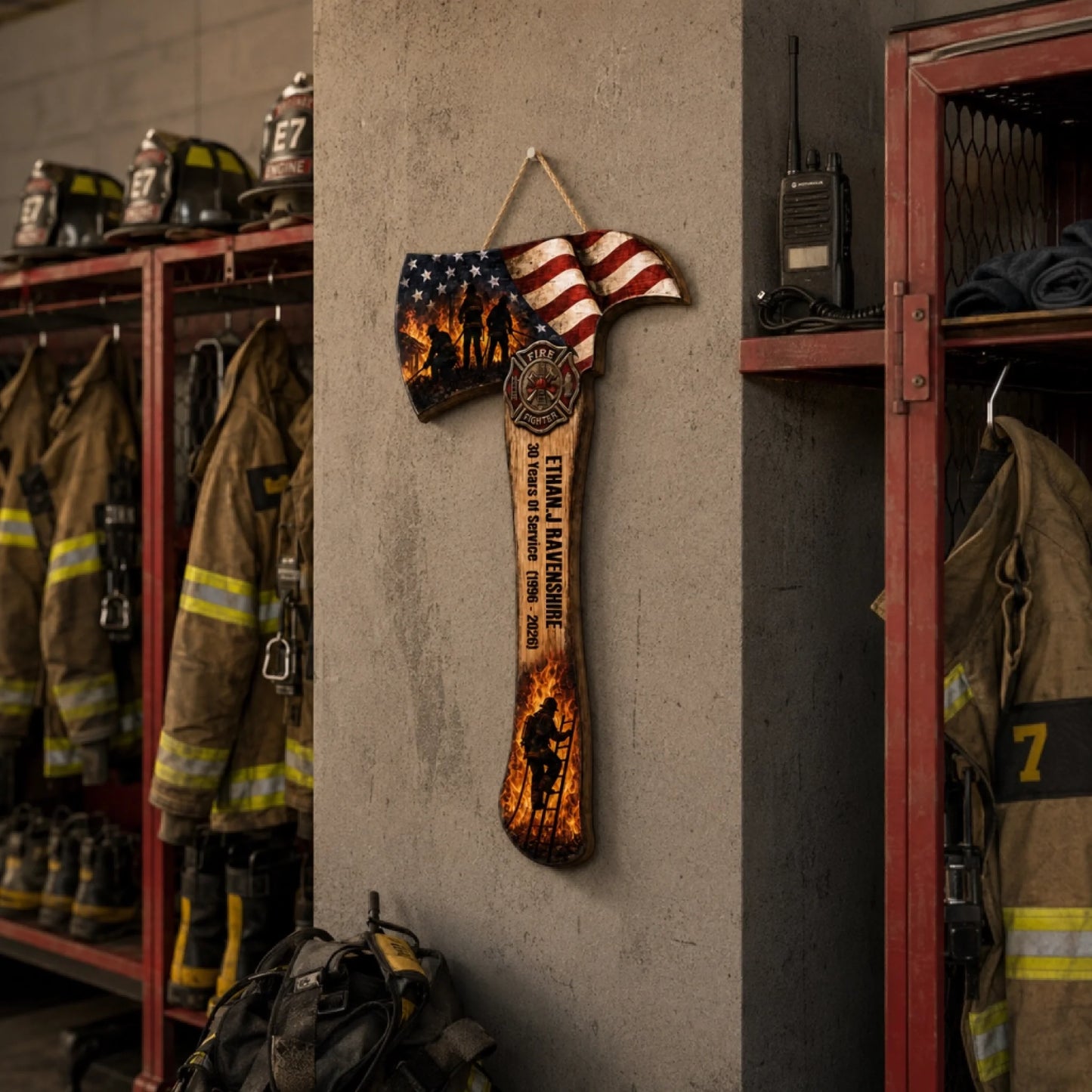 An axe-shaped wall hanging with an American flag design is mounted on a concrete wall amidst rows of lockers with uniforms and helmets.