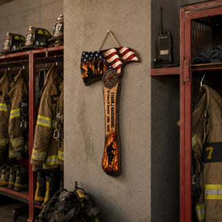 An axe-shaped wall hanging with an American flag design is mounted on a concrete wall amidst rows of lockers with uniforms and helmets.
