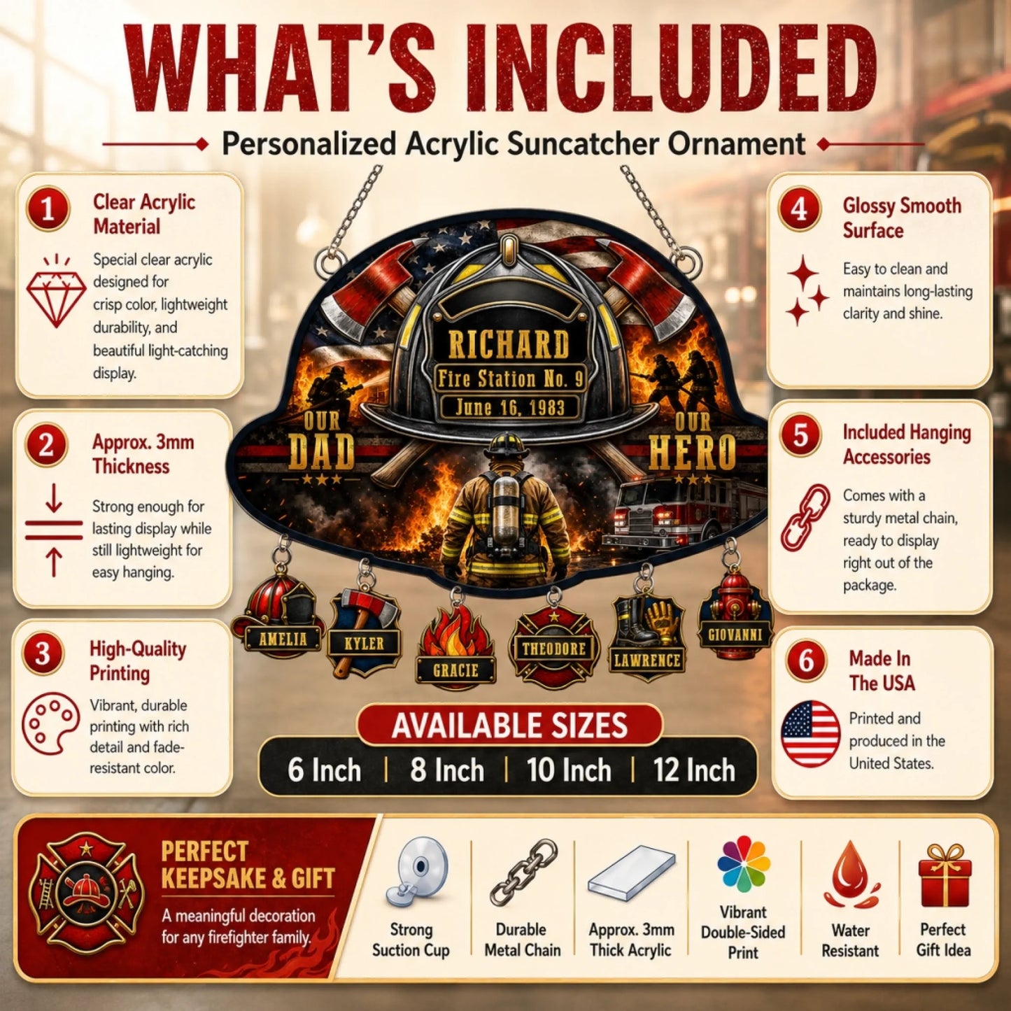 Product feature sheet for a custom acrylic firefighter suncatcher showing material details, sizes, and accessories.
