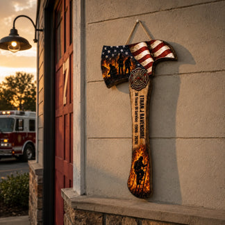 A personalized axe-shaped wall hanging hangs on a building's exterior wall near a red door, with a fire truck and sunset in the background.