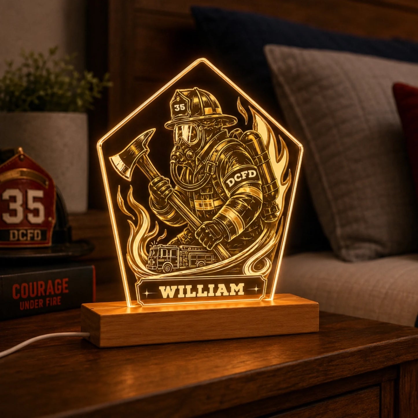 Custom firefighter LED night light – unique gift for him, dad or husband