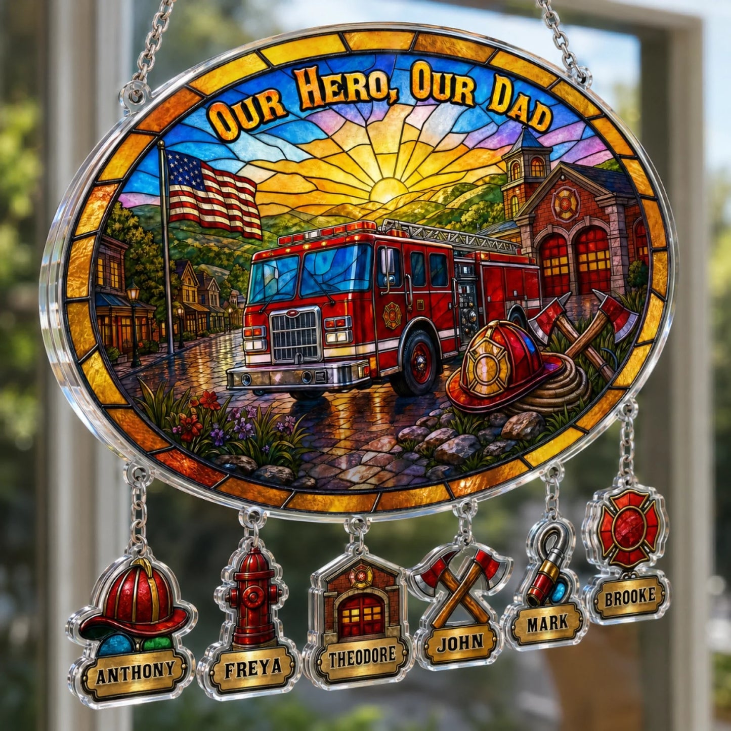 Firefighter dad suncatcher available in 6 8 10 12 inch sizes