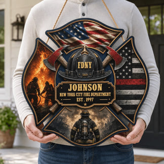 Custom firefighter wood sign featuring Maltese cross and American flag – gift for dad