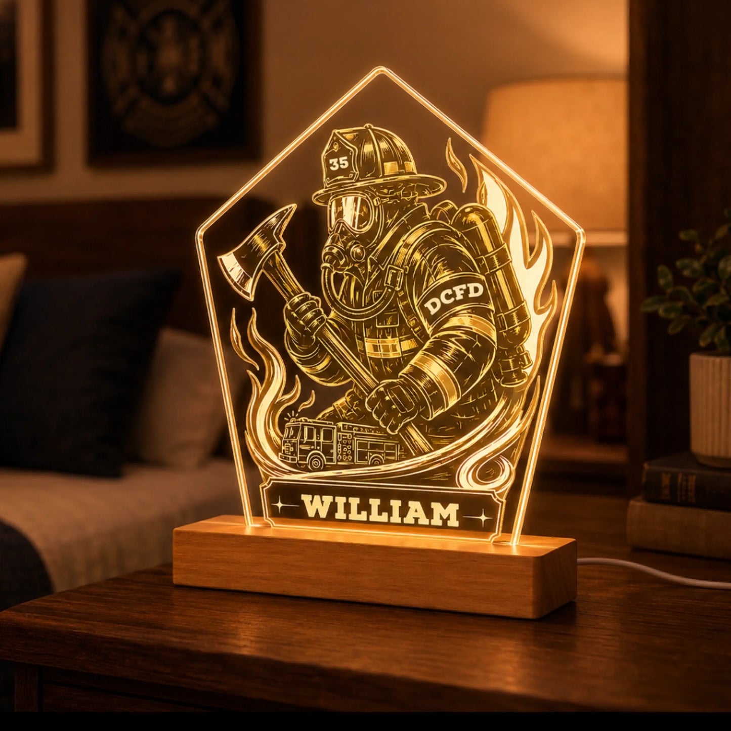 Firefighter LED night light room decor with helmet, axe and fire truck artwork