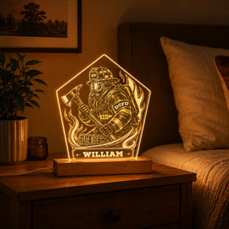 Personalized firefighter night light glowing in dark – custom name and department
