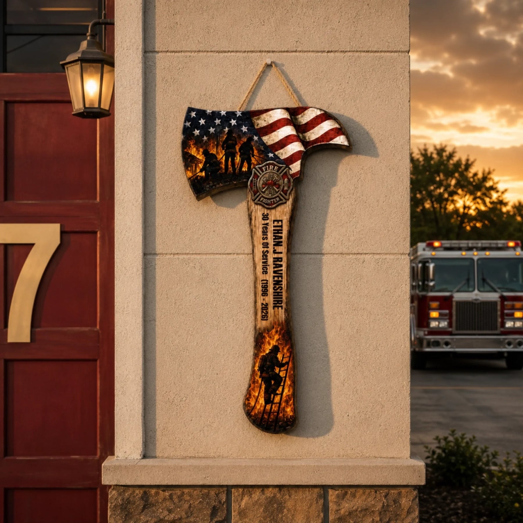 An axe-shaped wall hanging with an American flag design and personalized text is mounted on a building's exterior with a fire truck in the background.