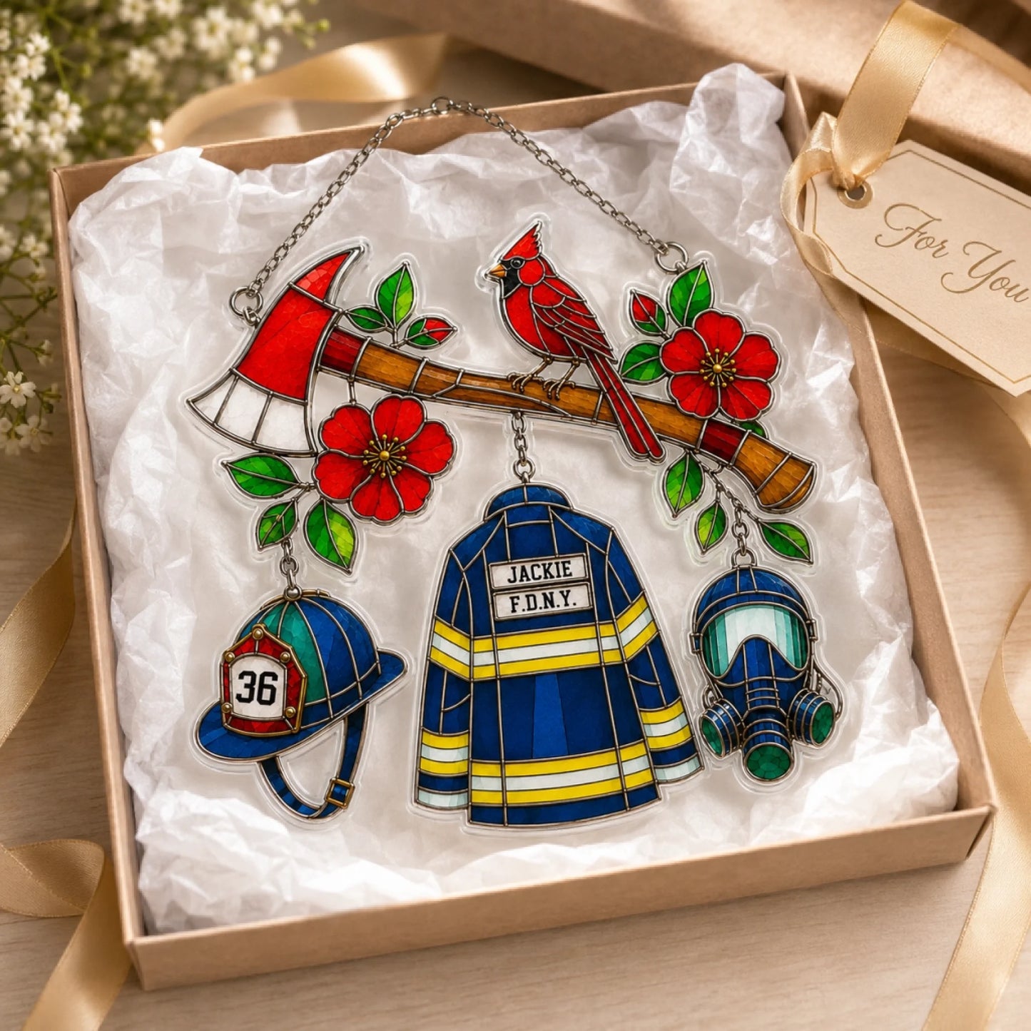 Set of decorative charms including a helmet, jacket, ax, and helmet with flowers in a gift box.