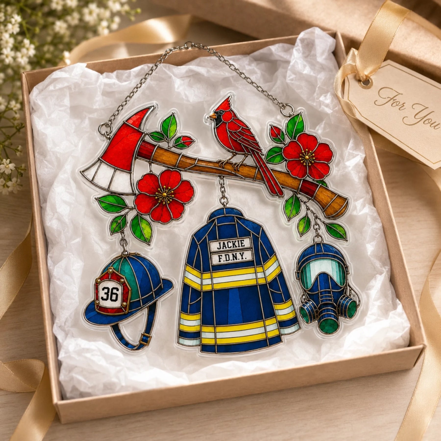 Set of decorative charms including a helmet, jacket, ax, and helmet with flowers in a gift box.