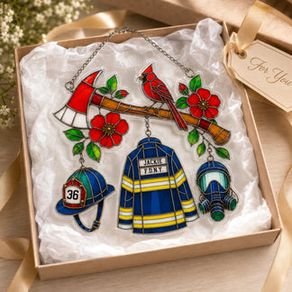 Set of decorative charms including a helmet, jacket, ax, and helmet with flowers in a gift box.