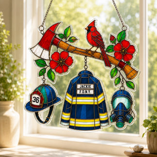 Decorative stained glass panel with firefighter jacket, helmets, and cardinal bird on a branch.