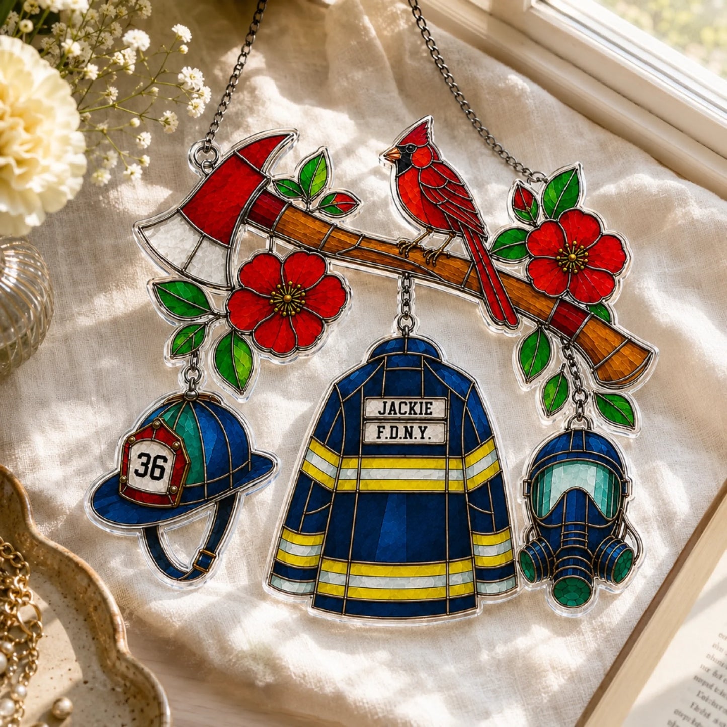 Stained glass suncatcher with firefighter-themed design on a soft surface.