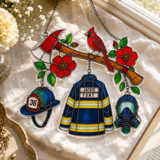 Stained glass suncatcher with firefighter-themed design on a soft surface.