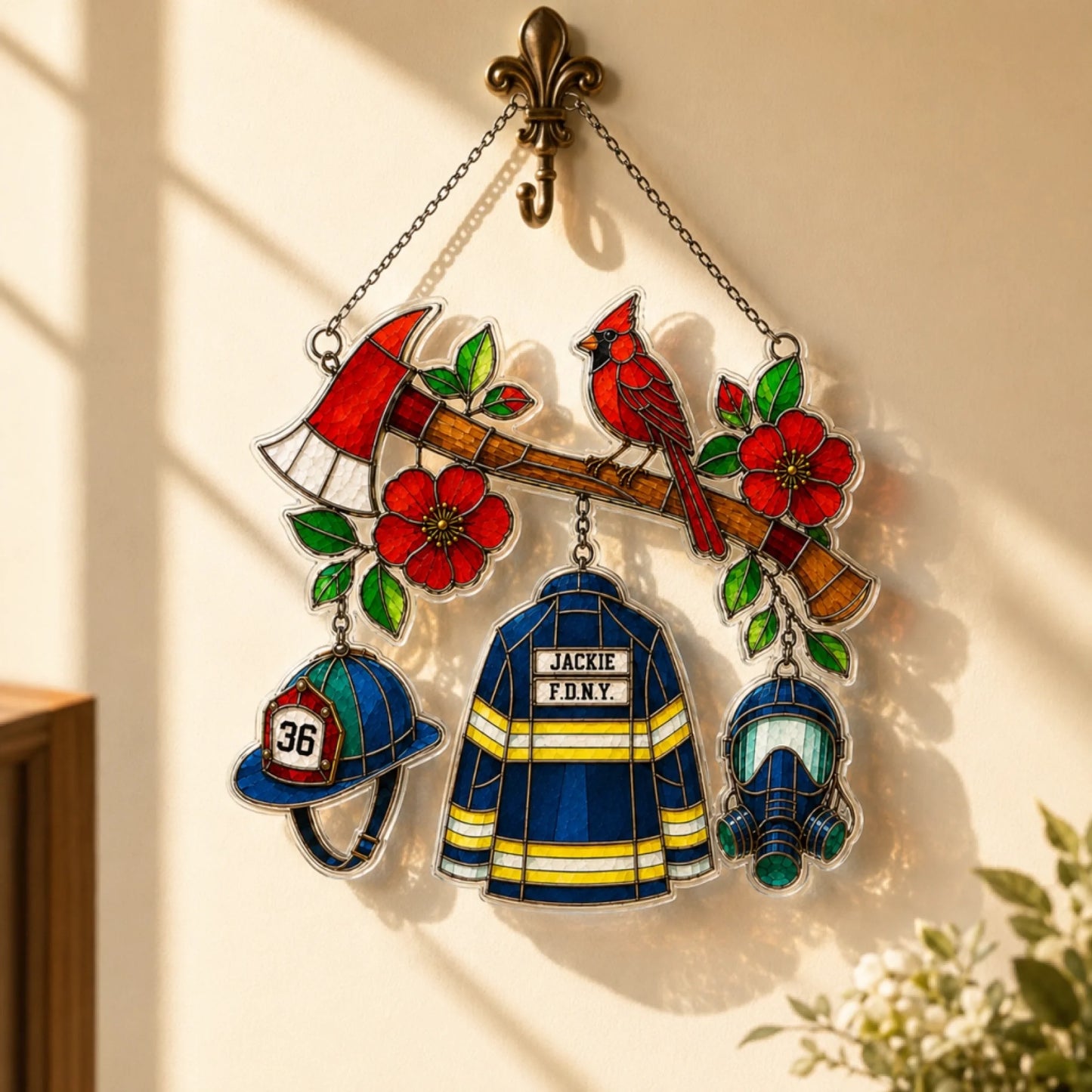 Decorative stained glass panel with firefighter-themed elements on a wall.