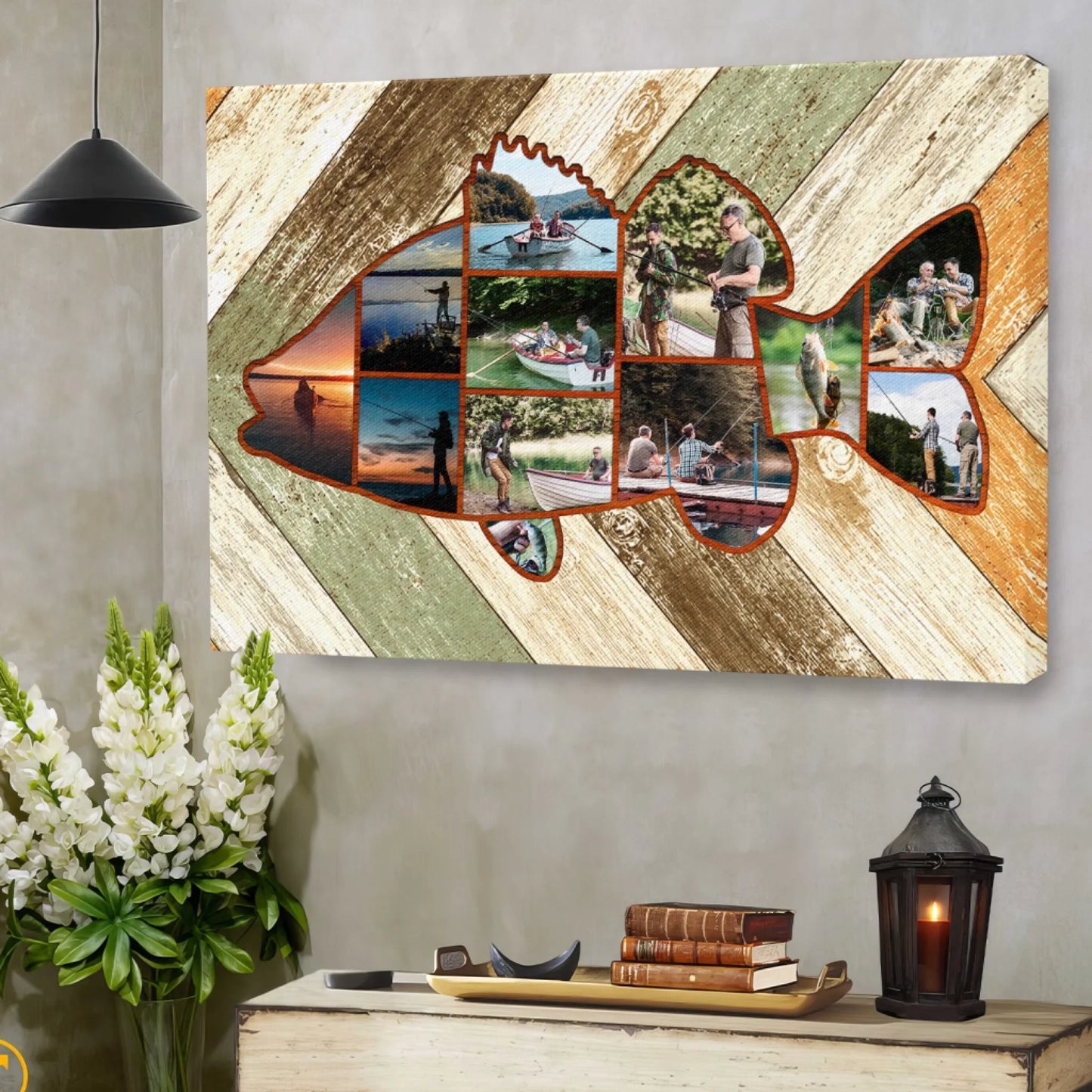 Fish-shaped personalized photo canvas wall art for fishing Dad above rustic wooden table