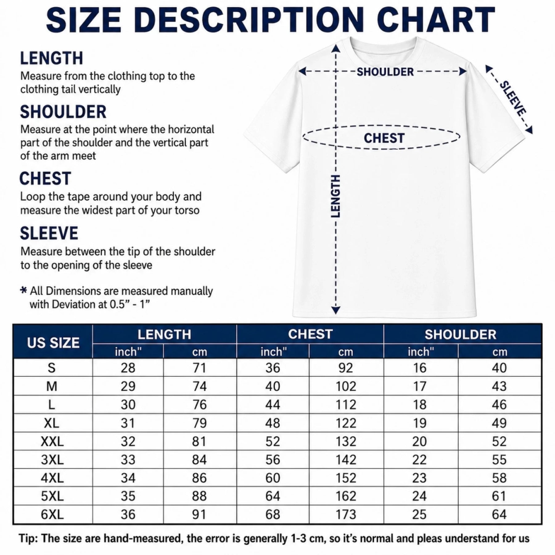 Detailed size description chart for men's fishing t shirts with measurements for length, chest, and shoulder in inches and cm.